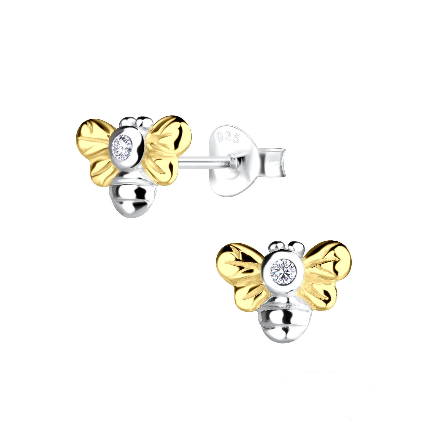 Two-toned bee-shaped stud earrings The wings are gold-plated sterling silver. The body of the bees are sterling silver with a round white cubic zirconia on the body in between the wings.