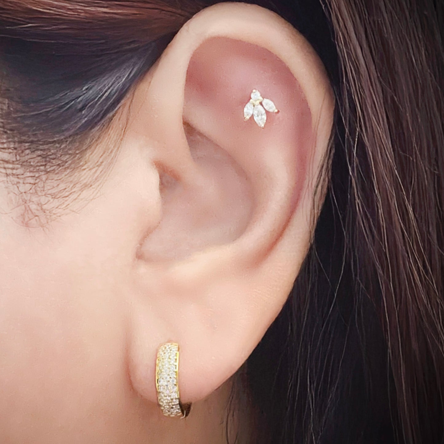 White Trillium Stud Earrings with Cubic Zirconia