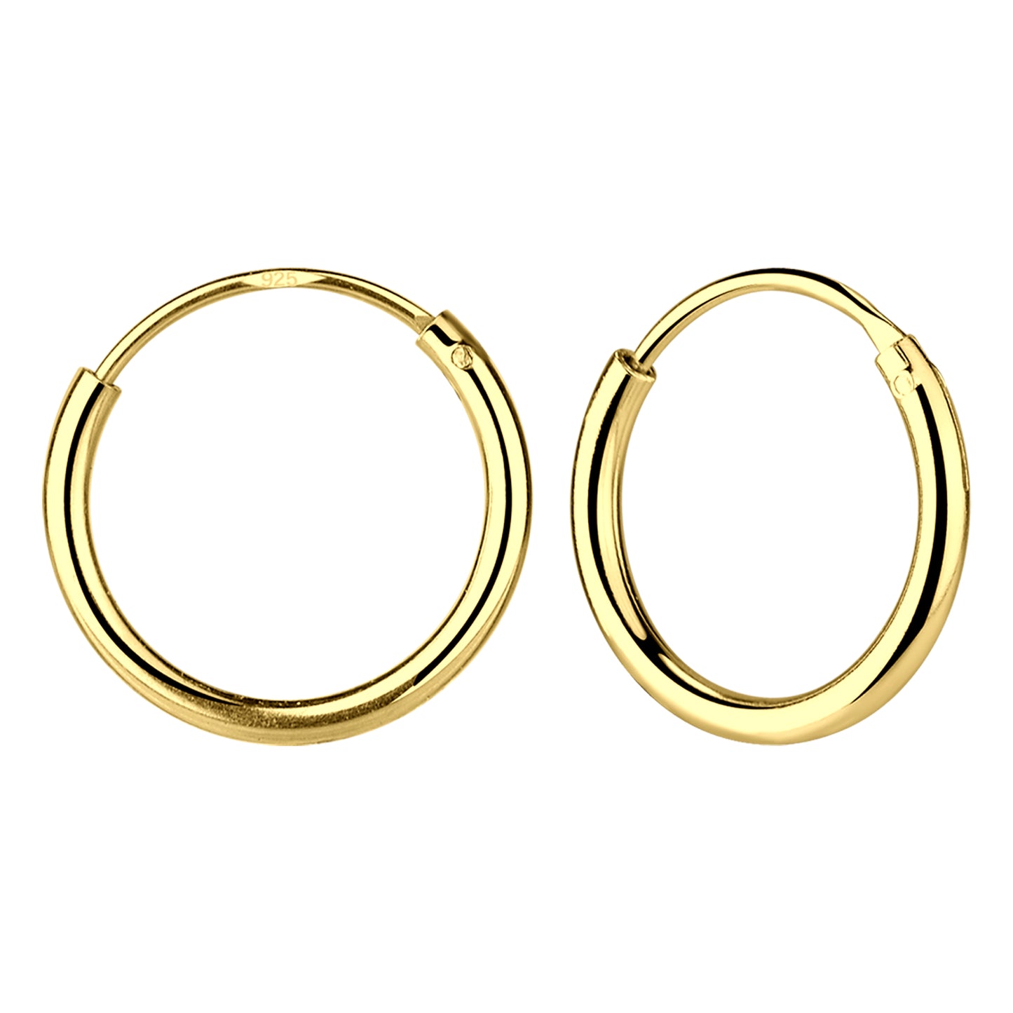 A pair of gold-plated sterling silver endless hoops floating against a white backdrop.