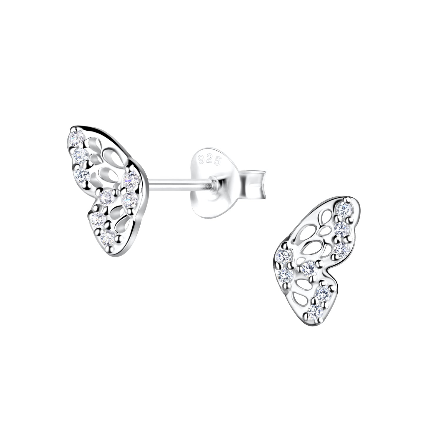 A pair of sterling silver butterfly wing stud earrings. Each stud is one wing. The wings are dotted with small round white cubic zirconia and small holes creating a unique pattern. The wing on the right is facing forward. The wing on the left is facing slightly to the left showing the post and backing. 925 is printed on the backing.