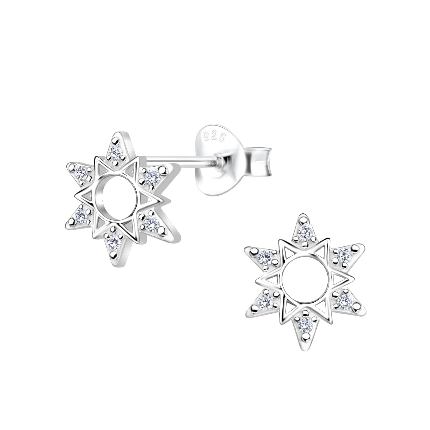 A pair of sun-shaped sterling silver stud earrings floating against a white backdrop. The earrings have 6 outer points with white cubic zirconia and 6 smaller points in sterling silver. The stud on the right is facing forward. The stud on the left is facing slightly left showing the post and backing. The backing has 925 stamped on it.