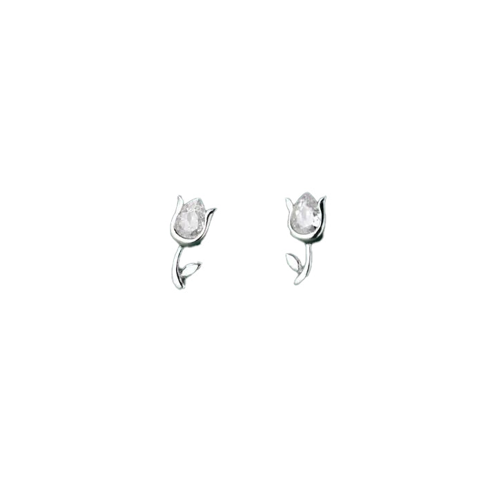 A pair of sterling silver tulip-shaped stud earrings against a white background. The earrings have a tear drop-shaped white cubic zirconia surrounded by sterling silver petals to form the flower. Each flower sits upon a sliver stem with a single silver leaf.