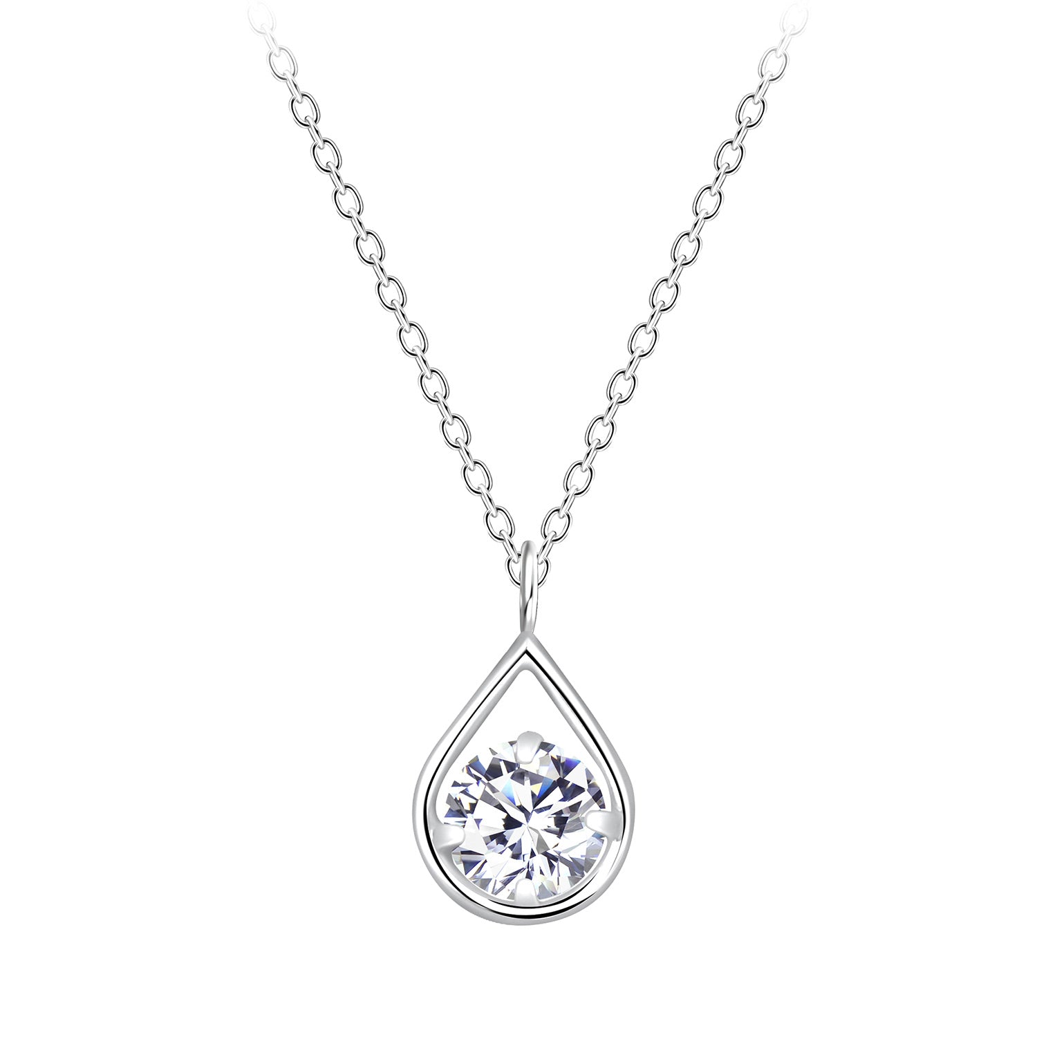 A sterling silver chain necklace with a tear drop shaped pendant hanging against a white backdrop. In the pendant is a round white cubic zirconia. 
