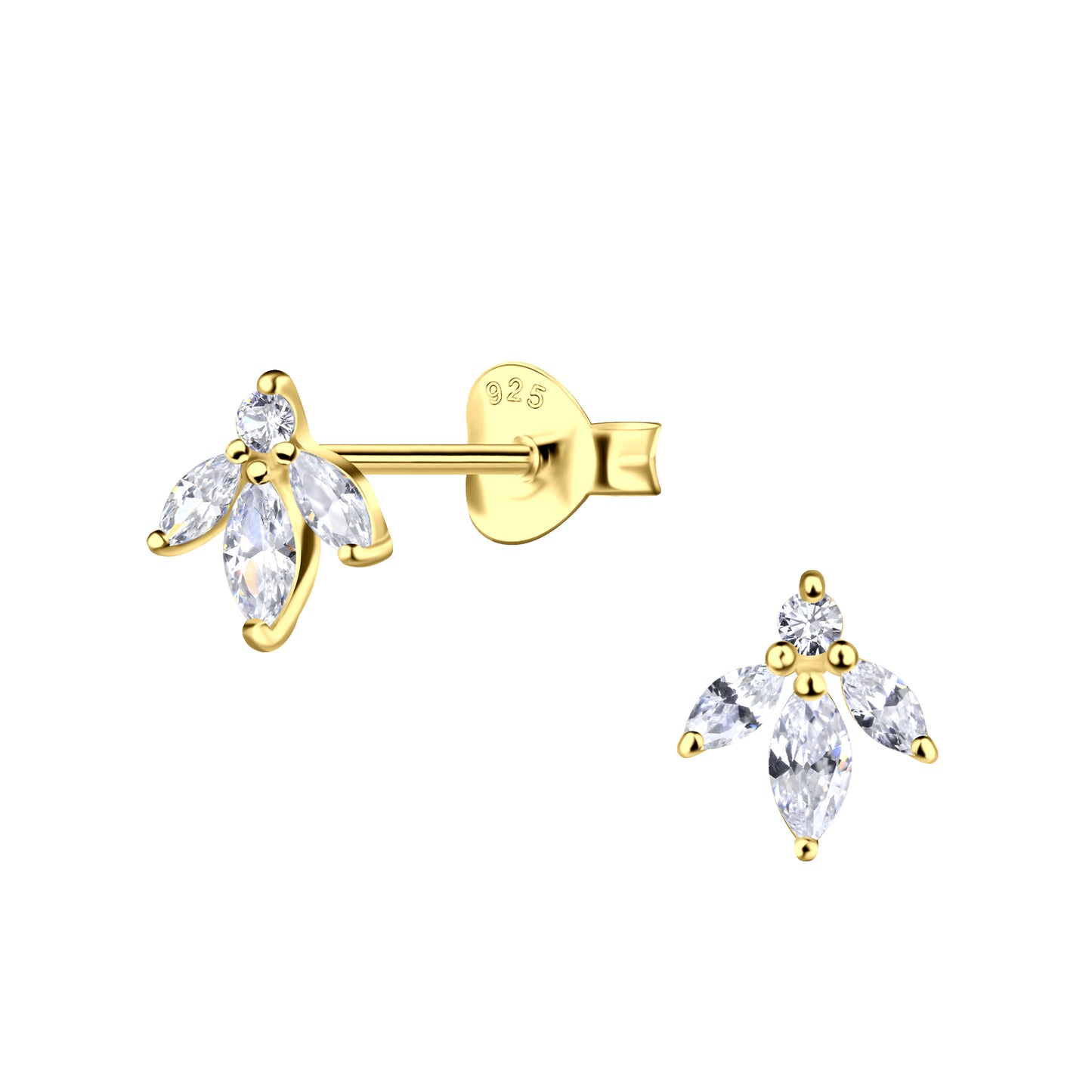 A pair of flower-shaped gold-plated  sterling silver stud earrings floating against a white backdrop. The flower has 3 petals hanging down from the top. The petals and the top of the earring are made of marquis-cut whit cubic zirconia and a round white cubic zirconia. The flower on the right is facing forward. The flower on the left is facing slightly to the left showing the post and backing. 925 is stamped on the backing.