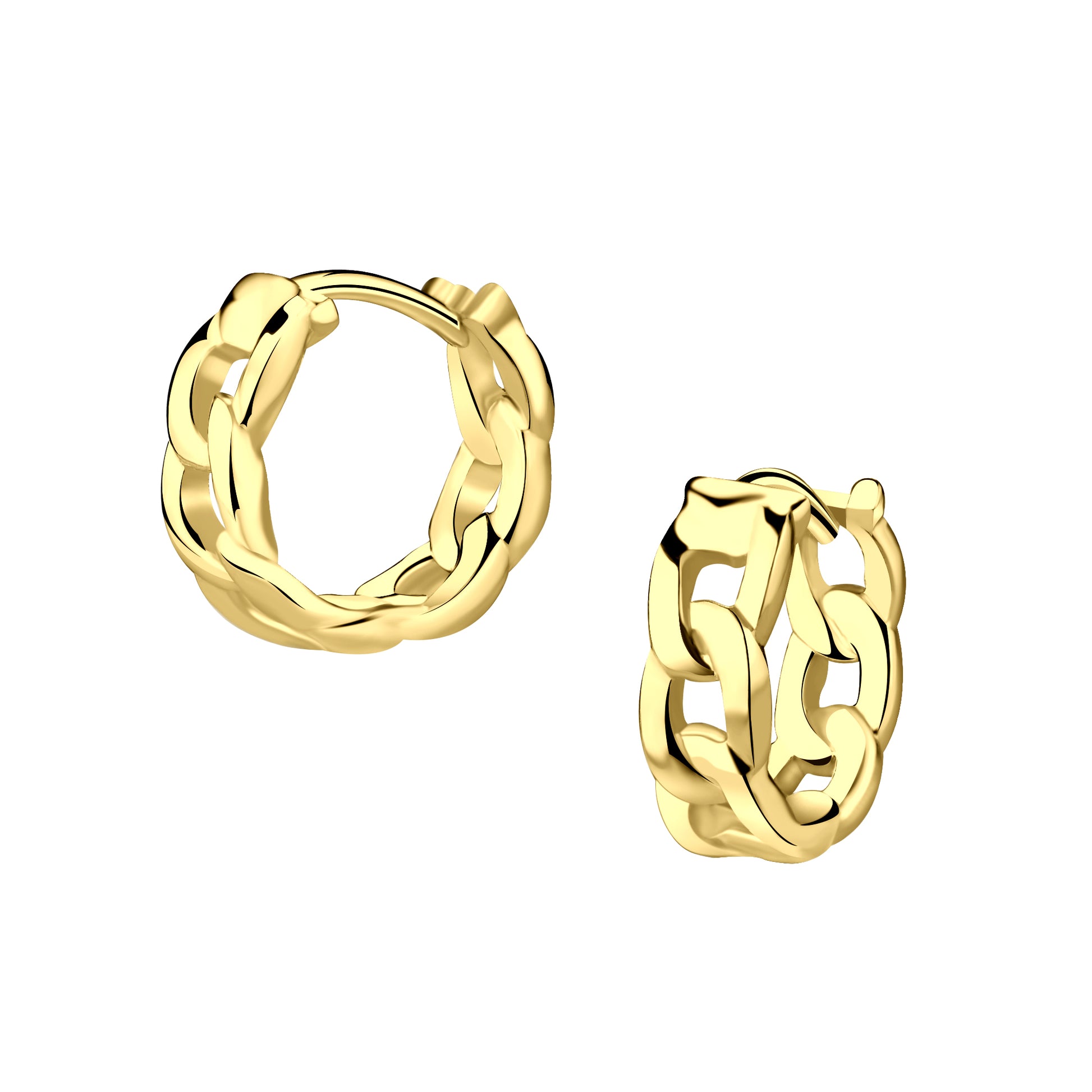 Gold-plated sterling silver chain link shaped huggie hoop earrings. One earring is tilted to the left to show the hoop shape. The other earring is displayed with the front of the earring facing out to show the chain link design in the front and back of the huggie.