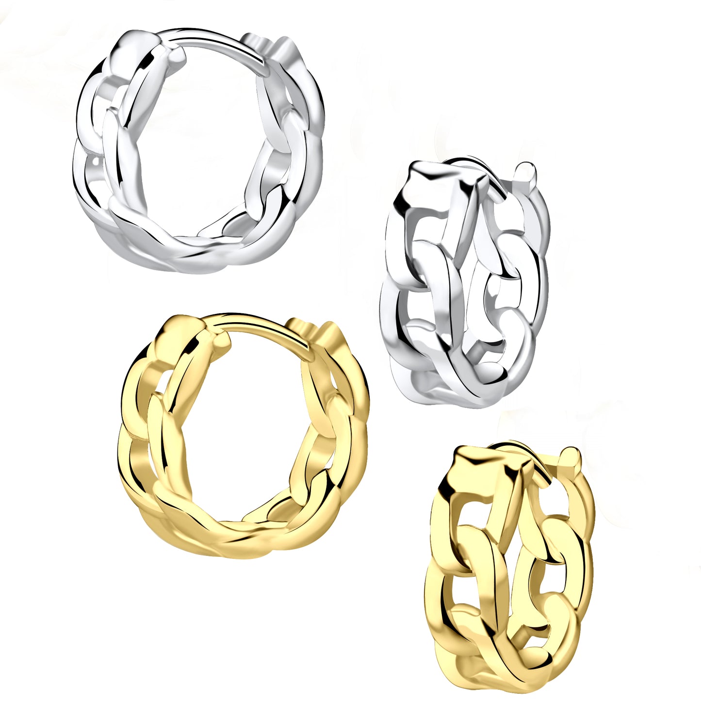 Two pairs of chain link shaped huggie hoop earrings. The top pair of huggies are sterling silver. The bottom pair of huggies are gold-plated sterling silver.
