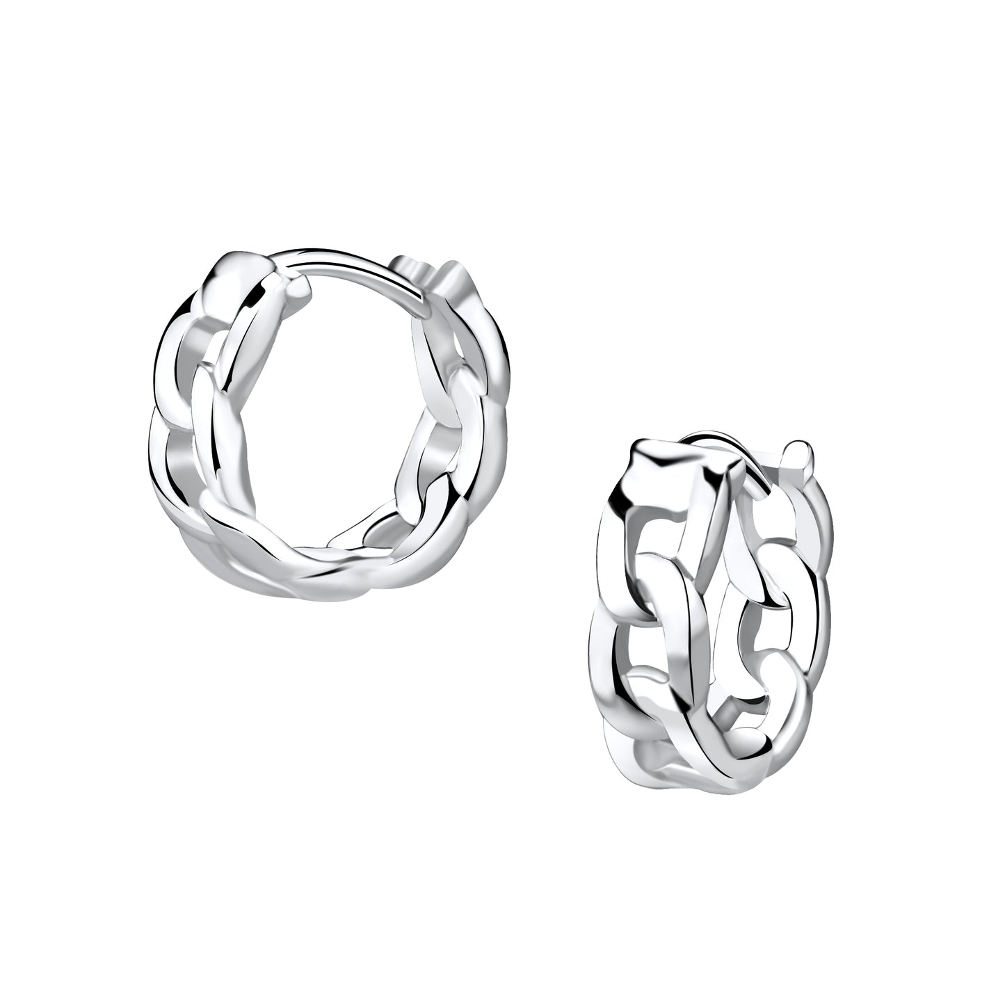 Sterling silver chain link shaped huggie hoop earrings. One earring is tilted to the left to show the hoop shape. The other earring is displayed with the front of the earring facing out to show the chain link design in the front and back of the huggie.