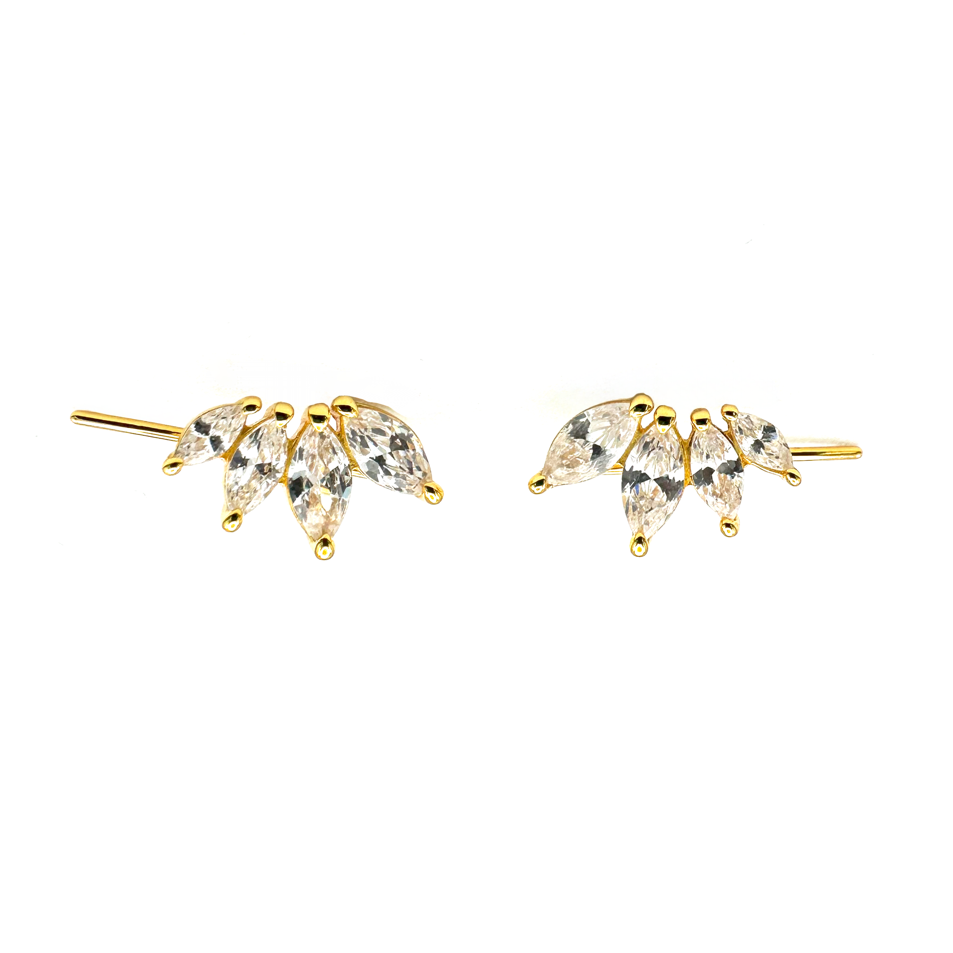 A pair of gold-plated sterling silver ear climbers floating against a white background. There are 4 marquis-cut white cubic zirconia set in a slight angle to create a shallow curve. 