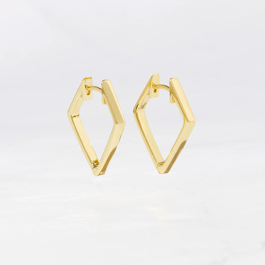 Gold-plated sterling silver hoop earrings in the shape of a kite set against a white background. The earrings have 4 sides, excluding the post, and come to a point at the bottom. 
