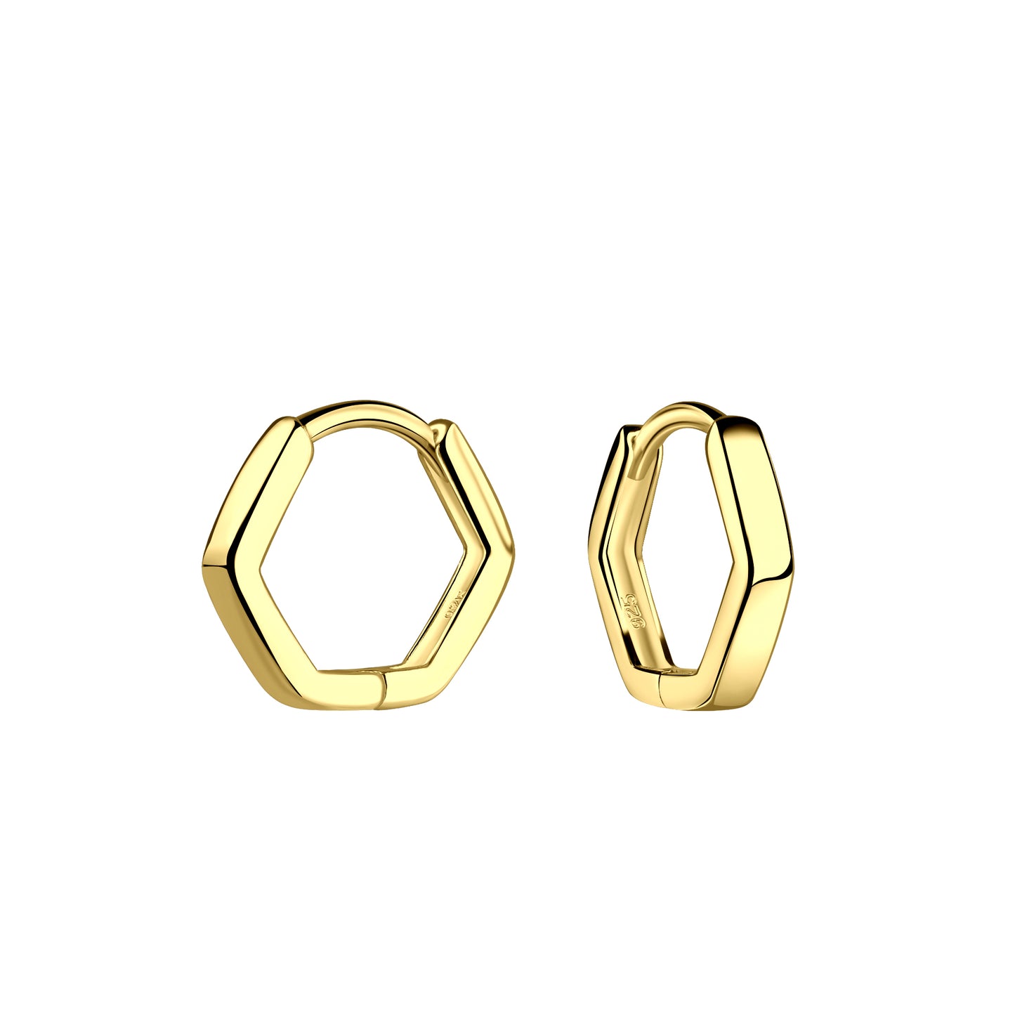 A pair of gold-plated sterling silver hexagonal-shaped huggie hoop earrings. 