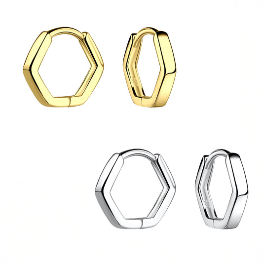 Two pairs of hexagonal-shaped huggie hoop earrings floating against a white background. The pair at the top are gold-plated sterling silver. The pair at the bottom are sterling silver. 