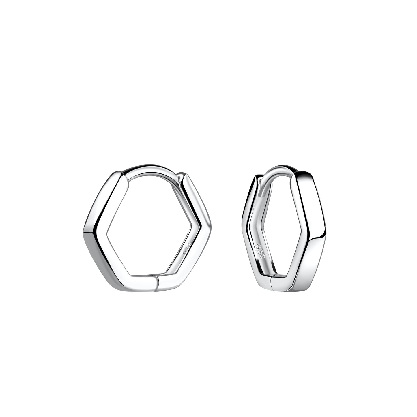 A pair of sterling silver of hexagonal-shaped huggie hoop earrings. 