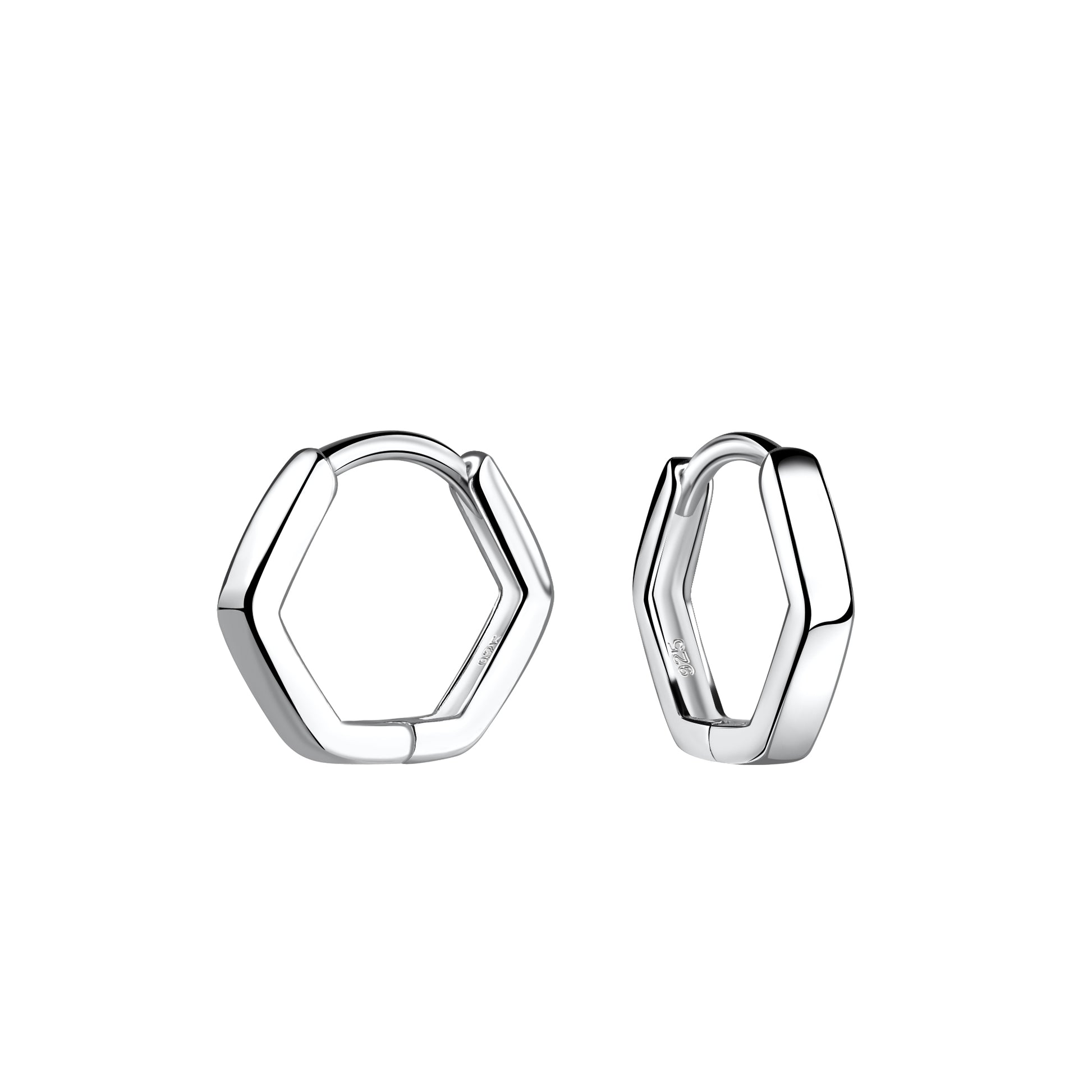 A pair of sterling silver of hexagonal-shaped huggie hoop earrings. 