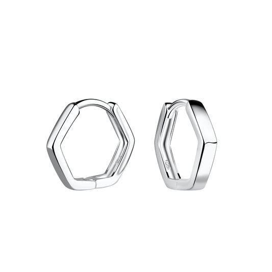 Sterling silver hexagonal-shaped huggie hoop earrings floating against a white background.