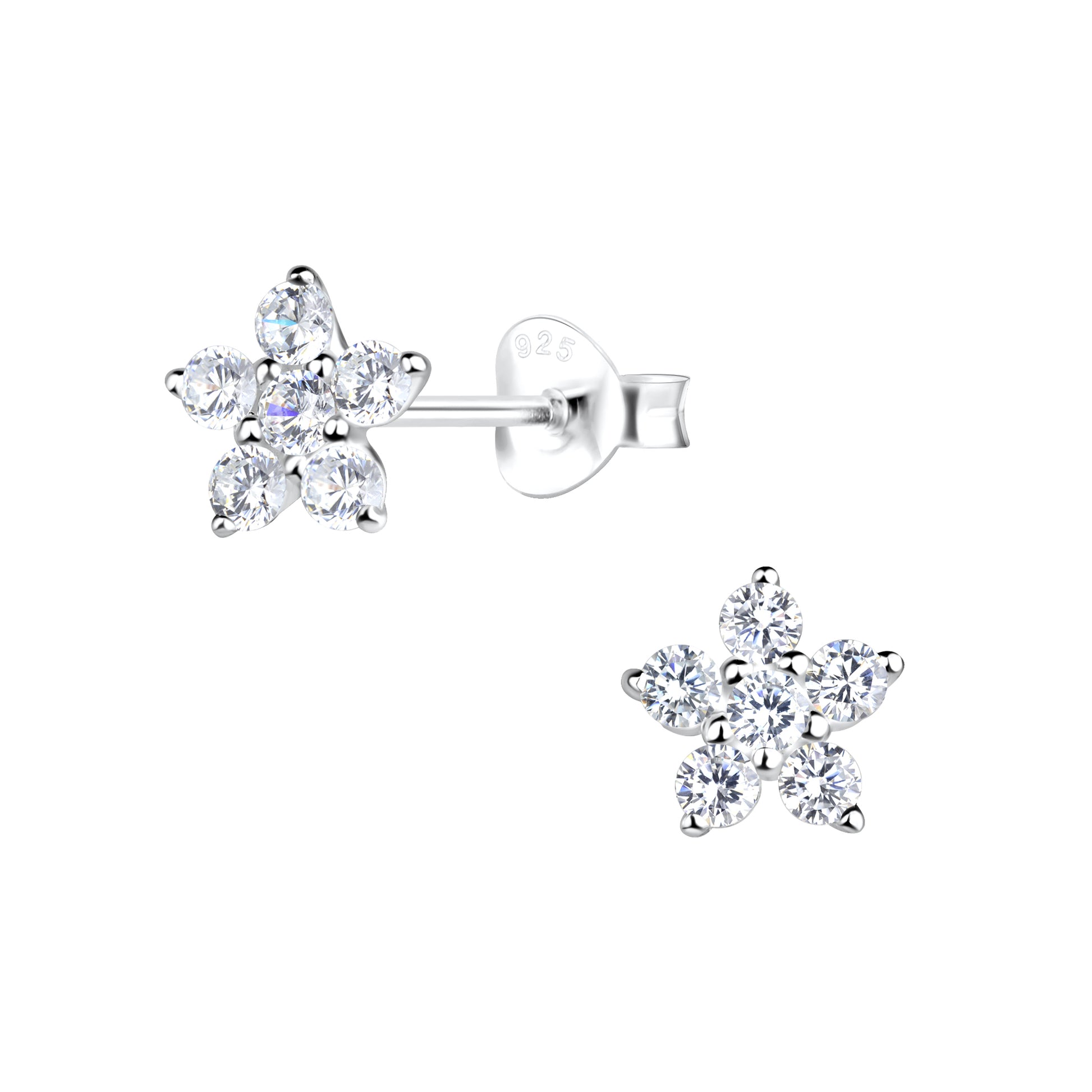 A pair of sterling silver flower-shaped stud earrings. The earrings have 5 petals made of white cubic zirconia surrounding a center stone also made of white cubic zirconia.