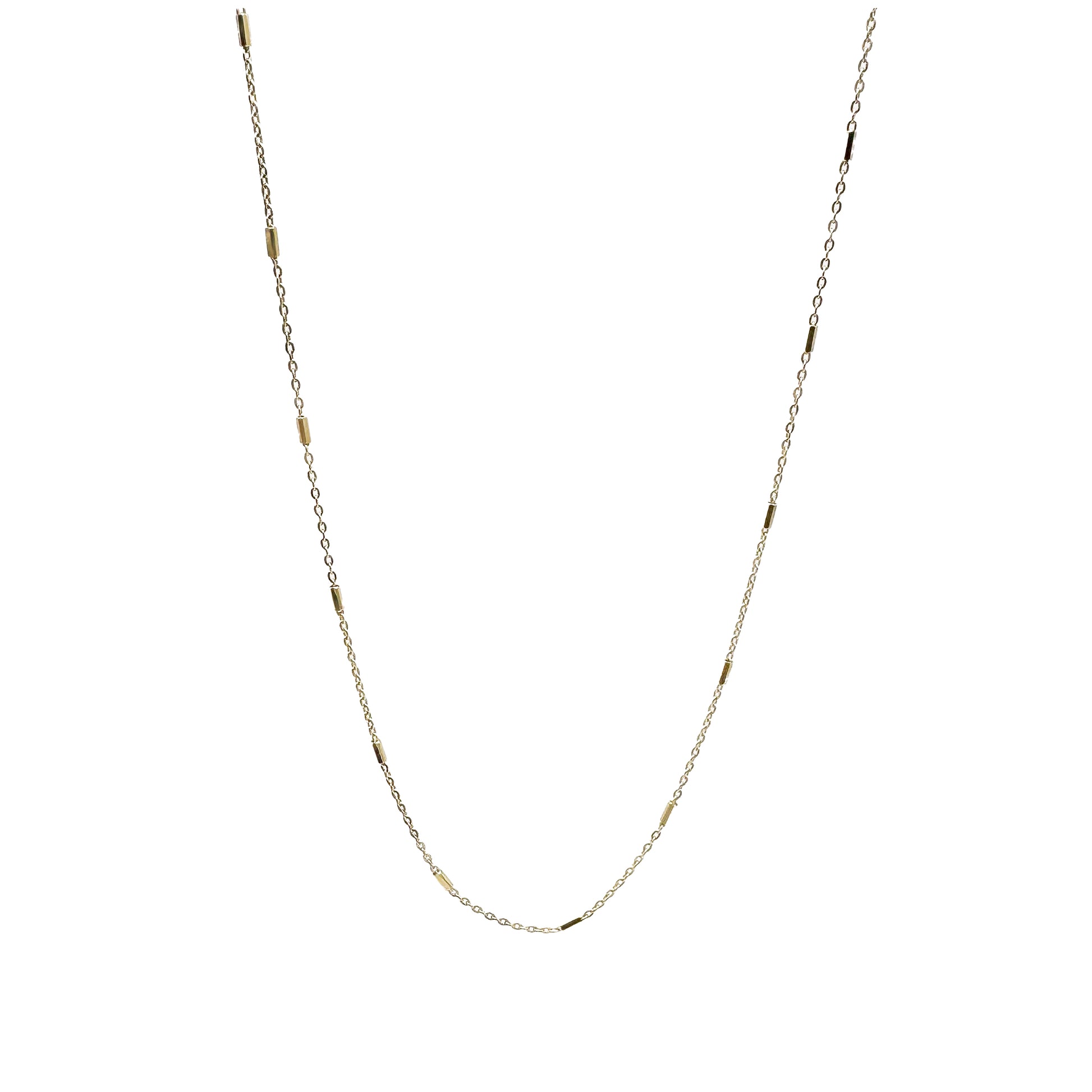 Gold-plated sterling silver delicate chain necklace with elongated gold bead-like elements approximately every two inches.