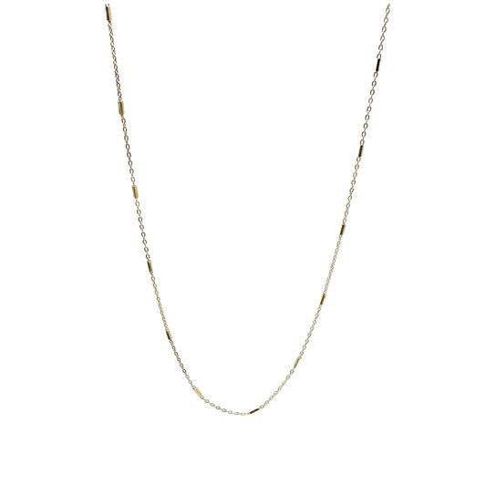 Gold-plated sterling silver delicate chain necklace with elongated gold bead-like elements approximately every two inches.