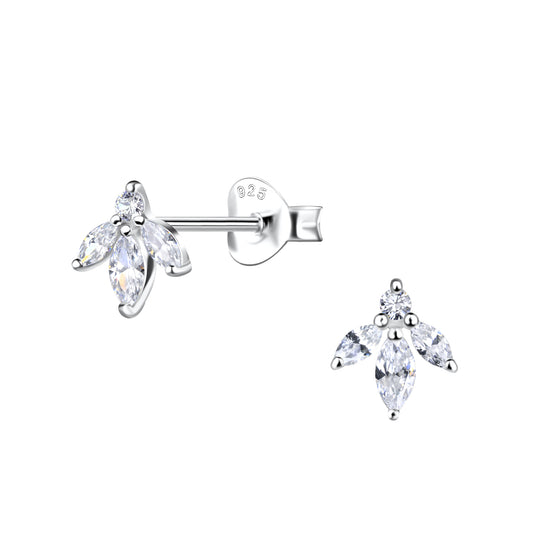 A pair of flower-shaped sterling silver stud earrings floating against a white backdrop. The flower has 3 petals hanging down from the top. The petals and the top of the earring are made of marquis-cut whit cubic zirconia and a round white cubic zirconia. The flower on the right is facing forward. The flower on the left is facing slightly to the left showing the post and backing. 925 is stamped on the backing.