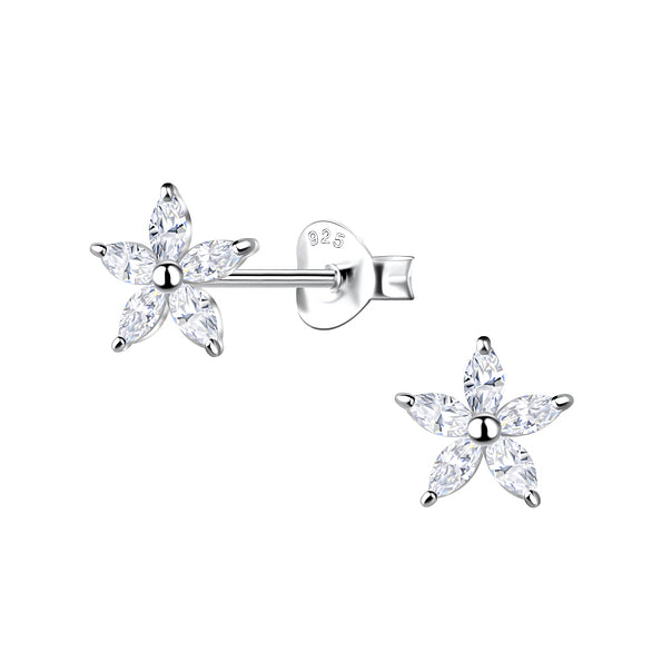 A pair of flower-shaped sterling silver stud earrings floating against a white backdrop. The five petals are made of marquis-cut white cubic zirconia. The stud on the right is facing forward. The stud on the left is facing slightly to the left showing the post and backing. 925 is stamped on the backing.
