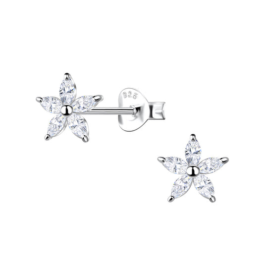 A pair of flower-shaped sterling silver stud earrings floating against a white backdrop. The five petals are made of marquis-cut white cubic zirconia. The stud on the right is facing forward. The stud on the left is facing slightly to the left showing the post and backing. 925 is stamped on the backing.